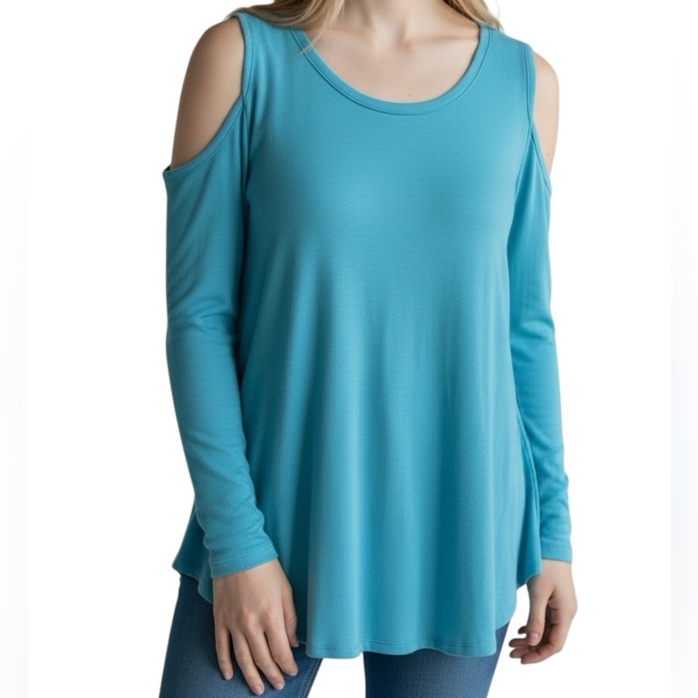 KAARI BLUE Top Cold Shoulder Blouse Aqua Knit Tunic Length Size Medium